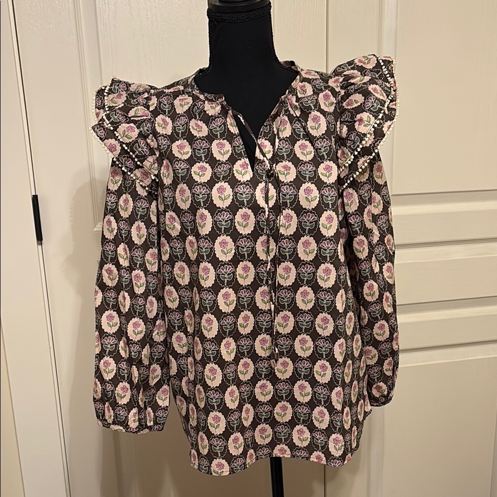 Floral Ruffle Blouse - Black and Pink